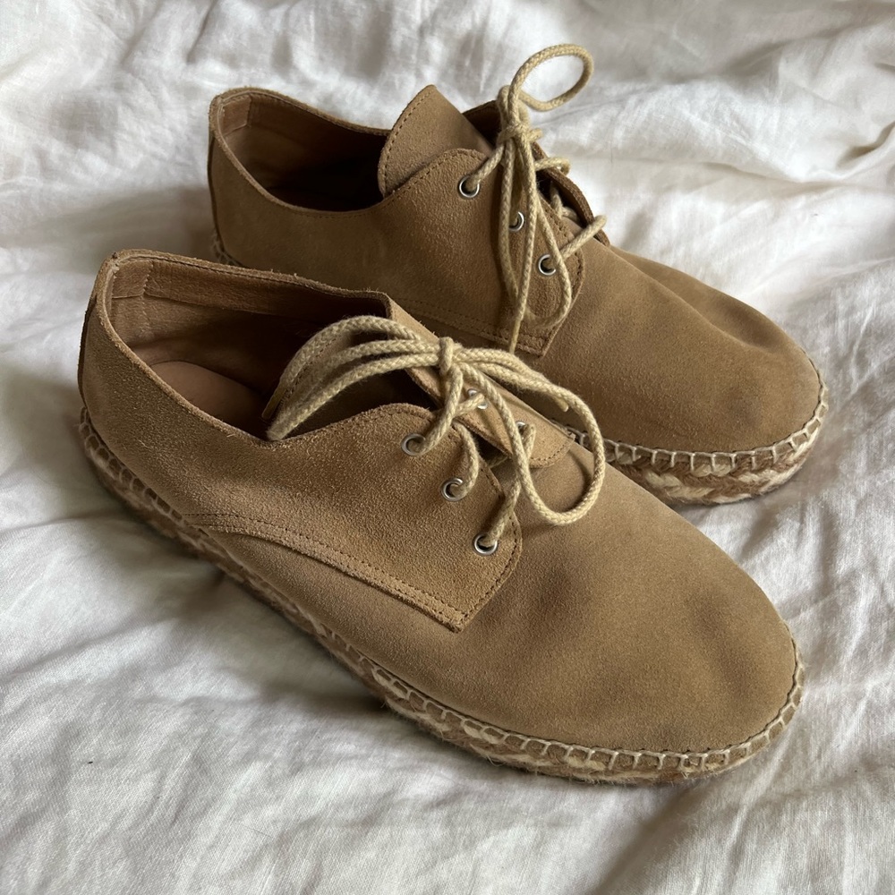 Tan Suede Anthropologie lace up espadrilles